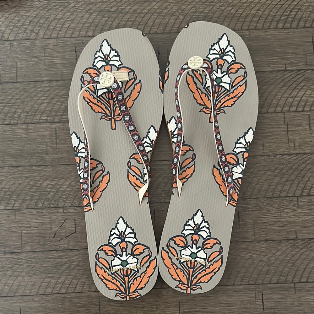 Tory Burch Orange and Brown Sandals with Artistic Floral Design